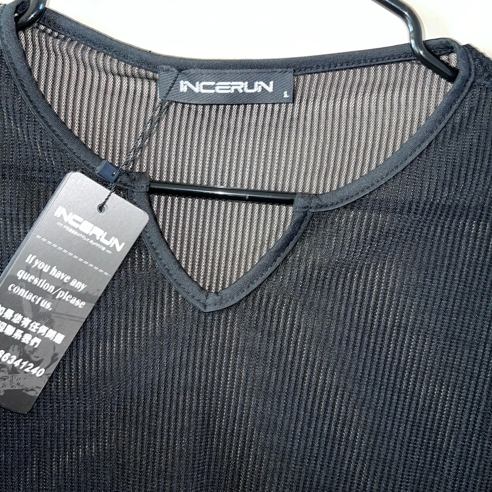 Men's Sheer Mesh See Through Notched V Neck Long Sleeve T Shirt Party Tops - Picture 4 of 7